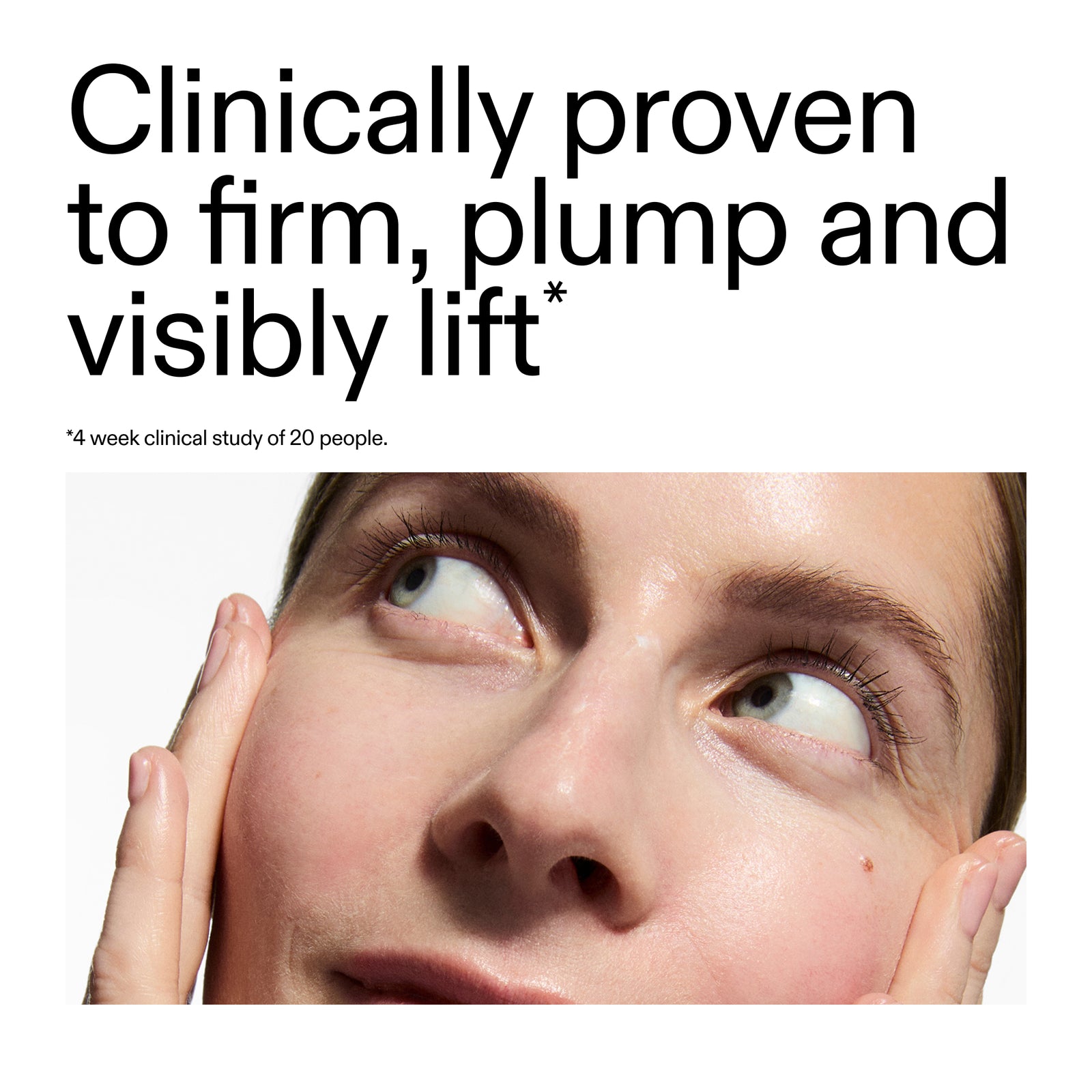 close-up of a person's face with text claiming clinical proven effects of BioActive Moisturizer