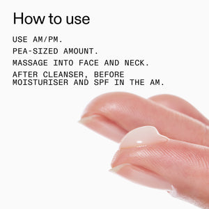 Instructions on how to use a s20% Niacinamide Serum with text and close-up of hand.