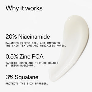 Product with text detailing20% Niacinamide Serum ingredients and benefits on a white background