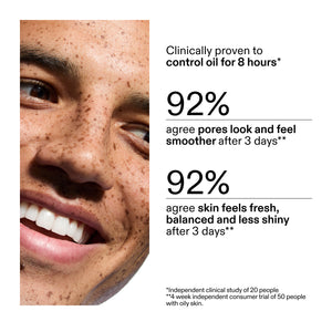 Advertisement showing a close-up of a person's face with text about 20% Niacinamide Serum effectiveness in clinical study