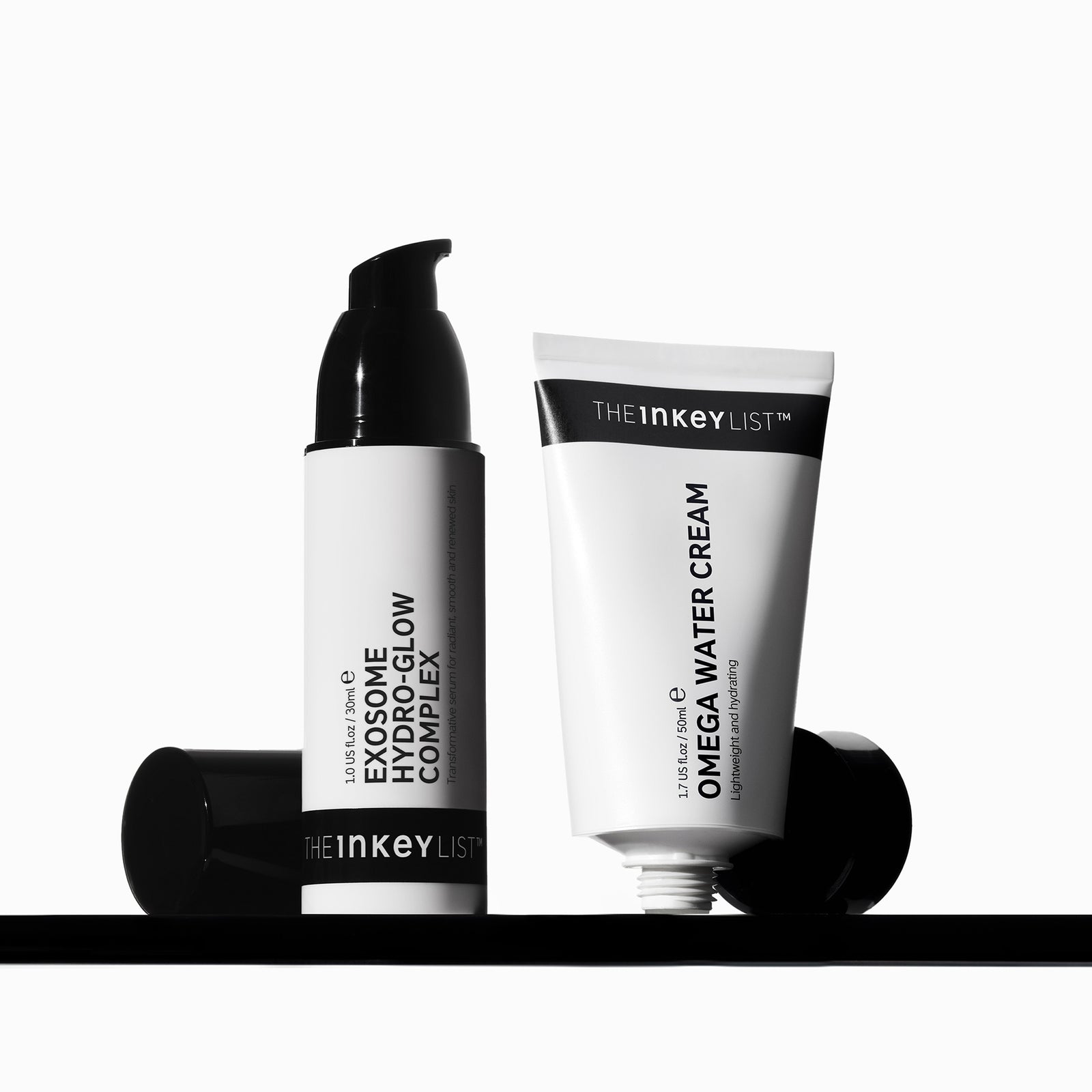 Exosome Hydra-Glow Complex and Omega Water Cream on shelf