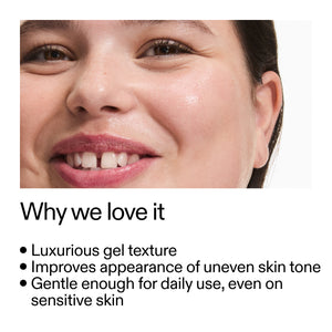 Close-up of a woman's face with text highlighting product features in Fulvic cleanser on a white background