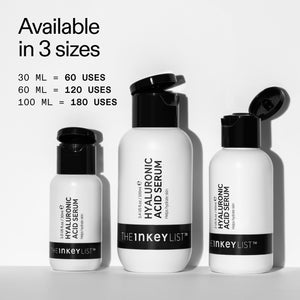 different bottle sizes of Hyaluronic Acid Serum and the number of uses (30ml = 60 uses, 60ml = 120 uses, 100ml = 180 uses)