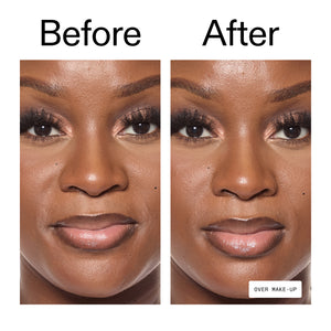 Before and after makeup comparison on a woman's face with 'Over Make-Up' label.