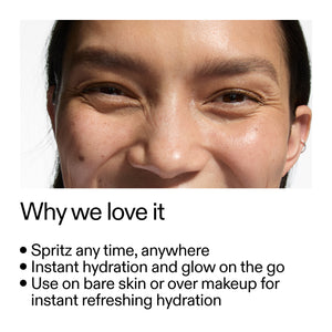 Close-up of a person's face with text about Hydro-surge Dewy Face Mist benefits
