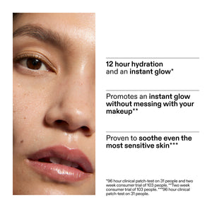 Close-up of a person's face with text about skincare product benefits of Hydro-surge Dewy Face Mist from a clinical trial