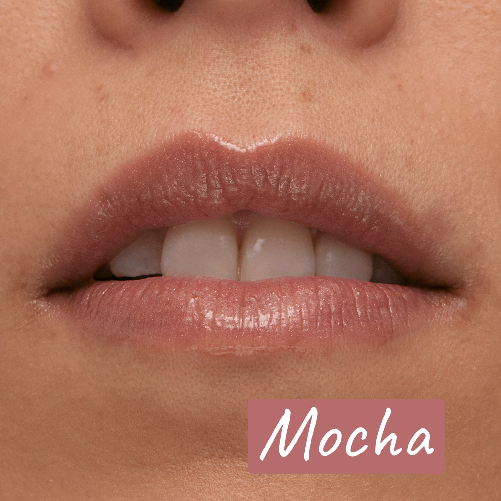 Model wearing Mocha Tripeptide Lip Balm with 'Mocha' Annotation