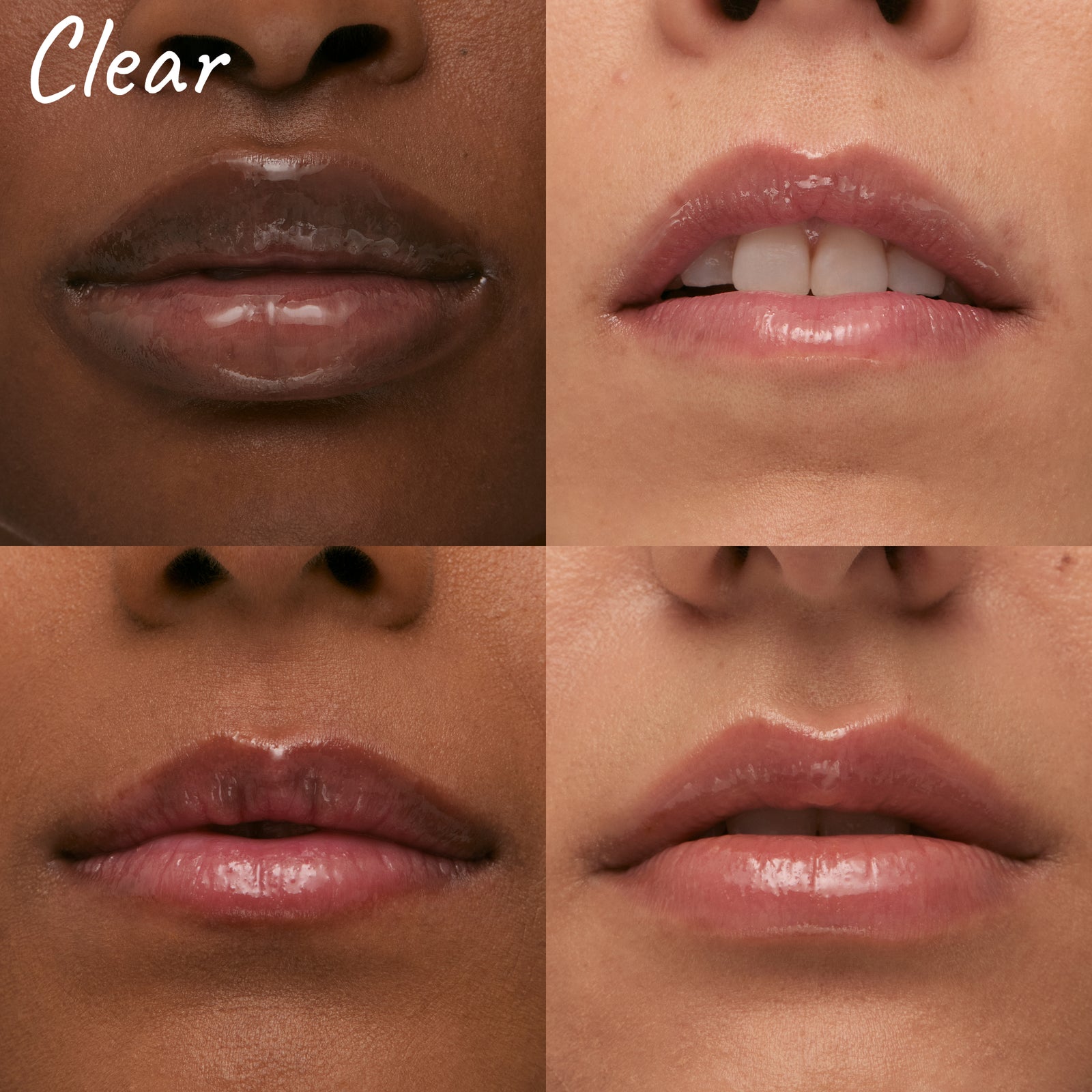 4 models wearing Clear Tripeptide Lip Balm