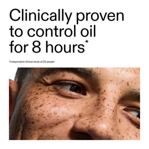 Close-up of a person's eye with text claiming clinical proven oil control for 8 hours using 20% Niacinamide Serum