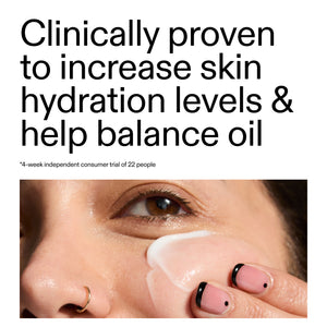 Advertisement for skincare product showing a close-up of skin with cream applied, text claims clinical benefits from a recent consumer trial