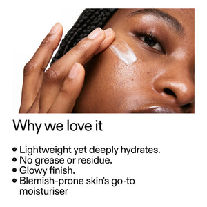 Person applying a moisturizer to their face with text highlighting its benefits.