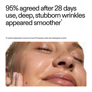 Advertisement for a skincare product showing a close-up of a person's face with text about wrinkle reduction from a clinical study