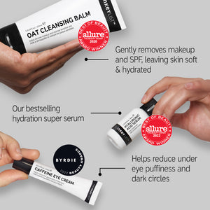 Oat Cleansing balm with Allure 2020 award, Hyaluronic Acid Serum with Allure 2022 award and Caffeine Eye Cream with Byrdie 2022 award