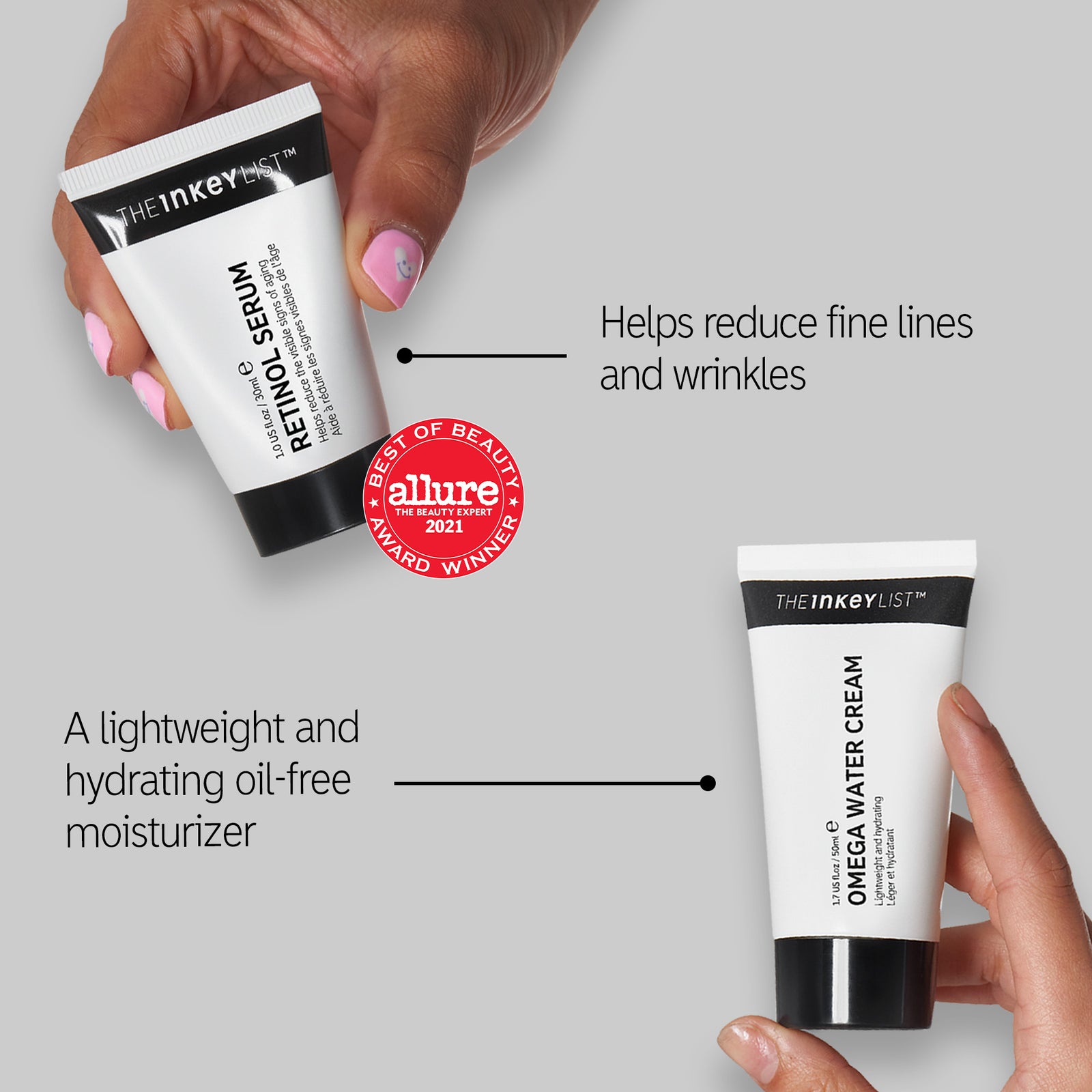 Retinol Serum - Helps reduce fine lines and wrinkles, allure 2021 winner. Omega Water Cream - A lightweight and hydrating oil free moisturizer