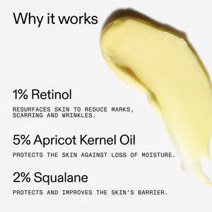 Product description with ingredients n 1% Retinol Serumand their benefits on a white background