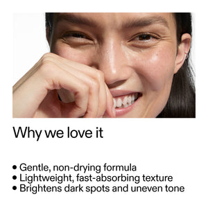 Woman with a smile, text about Tranexamic Acid Serum product benefits