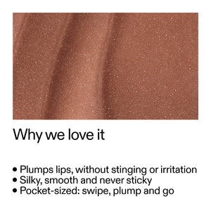 Tripeptide Plumping Mocha Brown Lip Balm and text highlighting features on a white background