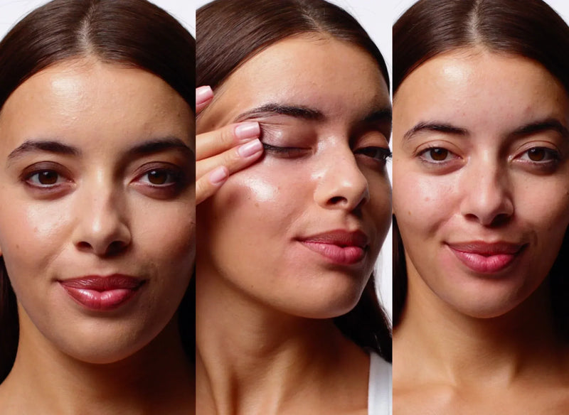 Before, during and after images of a woman using the Oat Cleansing Balm