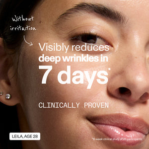 Advertisement for a skincare product showing a close-up of a person's face with text about wrinkle reduction.