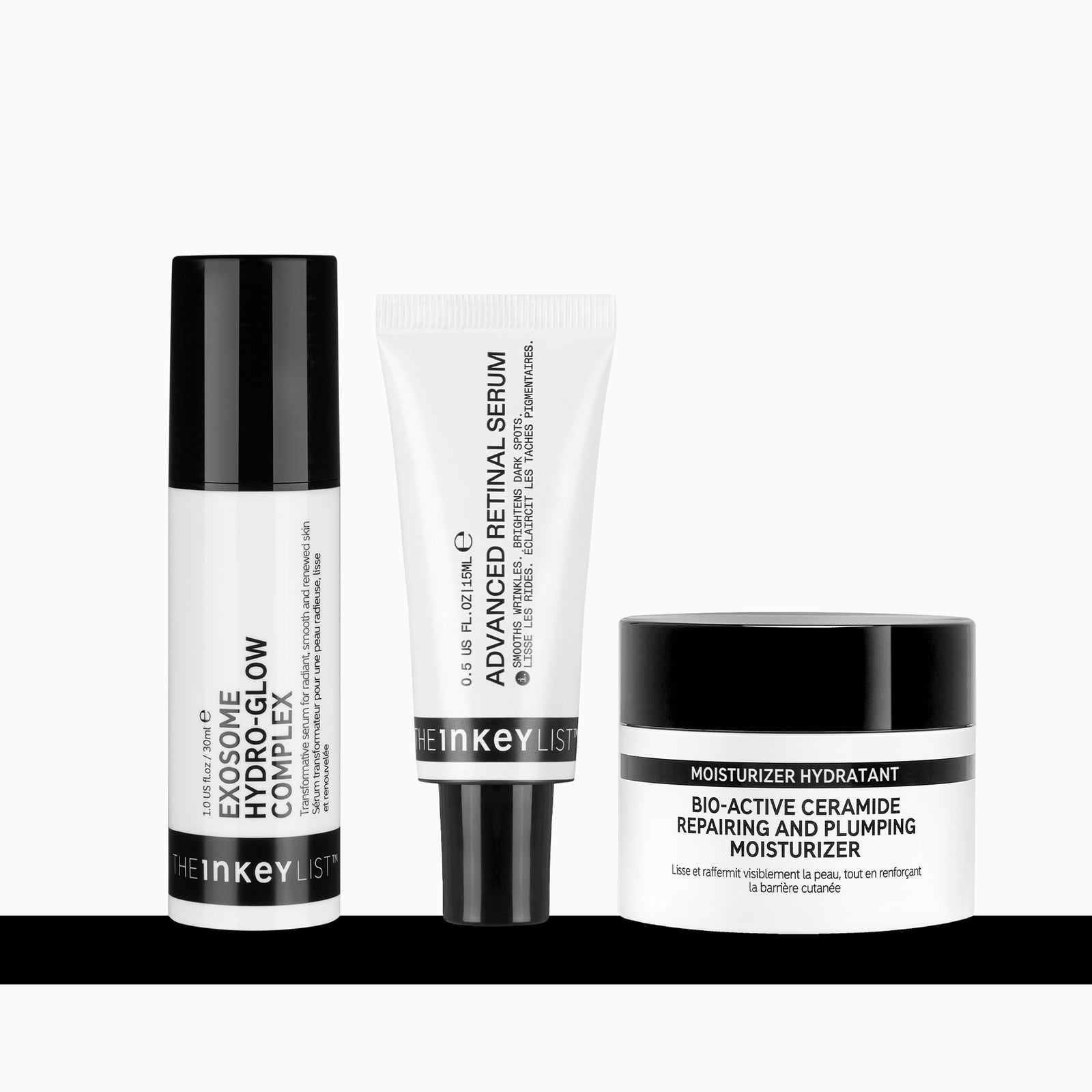 Three skincare products from the brand 'The Inkey List' on a white background