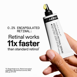 Inkey List Advanced Retinal Serum held by a hand with text about retinal speed.
