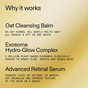 Text detailing the components of a skincare product line on a gradient background
