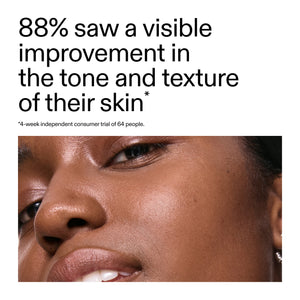 close-up of a person's face with text about skin improvement from a clinical study of customers using. 15% Vitamin C + EGF Serum