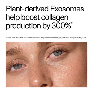 key claim about plant-derived exosomes boosting collagen with a close-up of a person's eye.