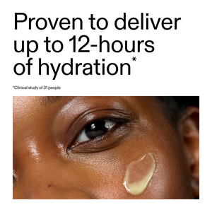 Exosome serum application on skin with text about hydration duration form a trial