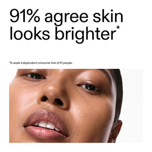 Close-up of a person's face with text indicating skin looks brighter after using Retinol Serum