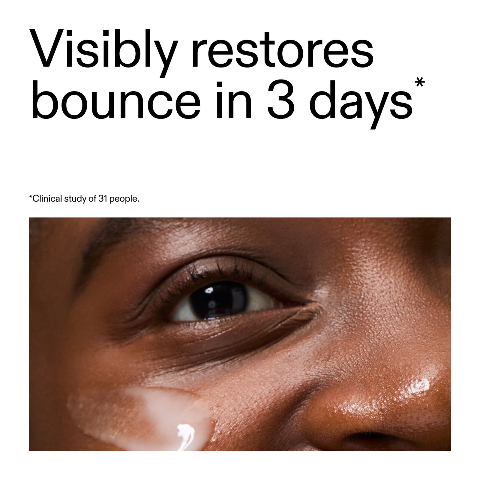 Close-up of a person's face with a product application, text indicating restoration in 3 days from a clinical study of using Ectoin Hydro-Barrier Serum