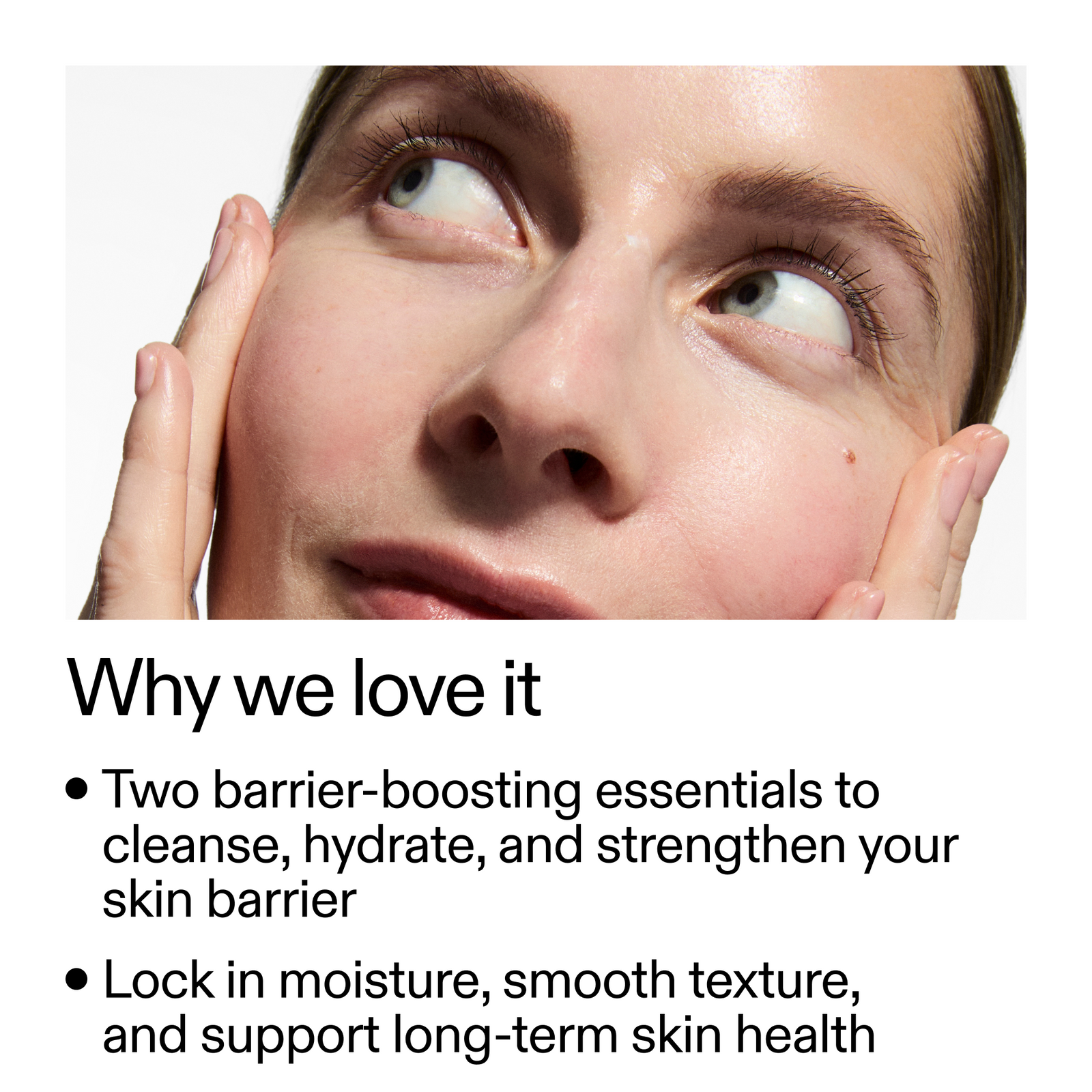 Close-up of a person's face with text about skincare benefits on a white background