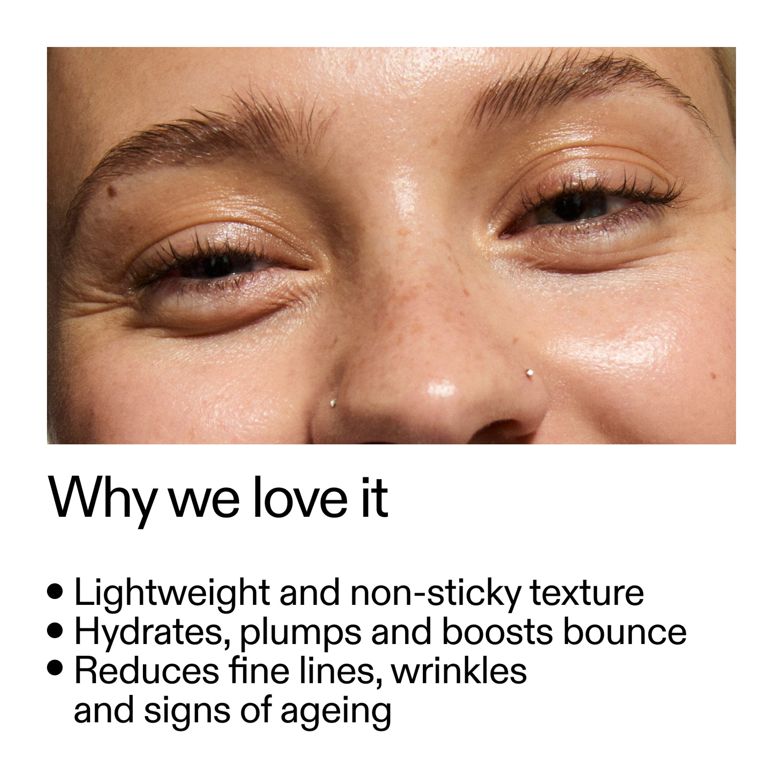 Close-up of a person's eye with text highlighting Collagen Booster benefits on a white background