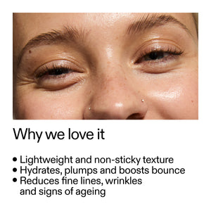 Close-up of a person's eye with text highlighting Collagen Booster benefits on a white background