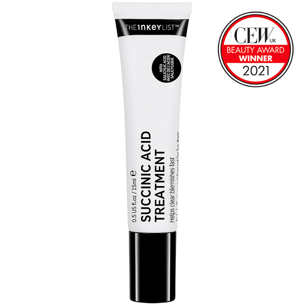 Tube of The Inkey List Succinic Acid Treatment with CEW Beauty Award Winner badge on a white background