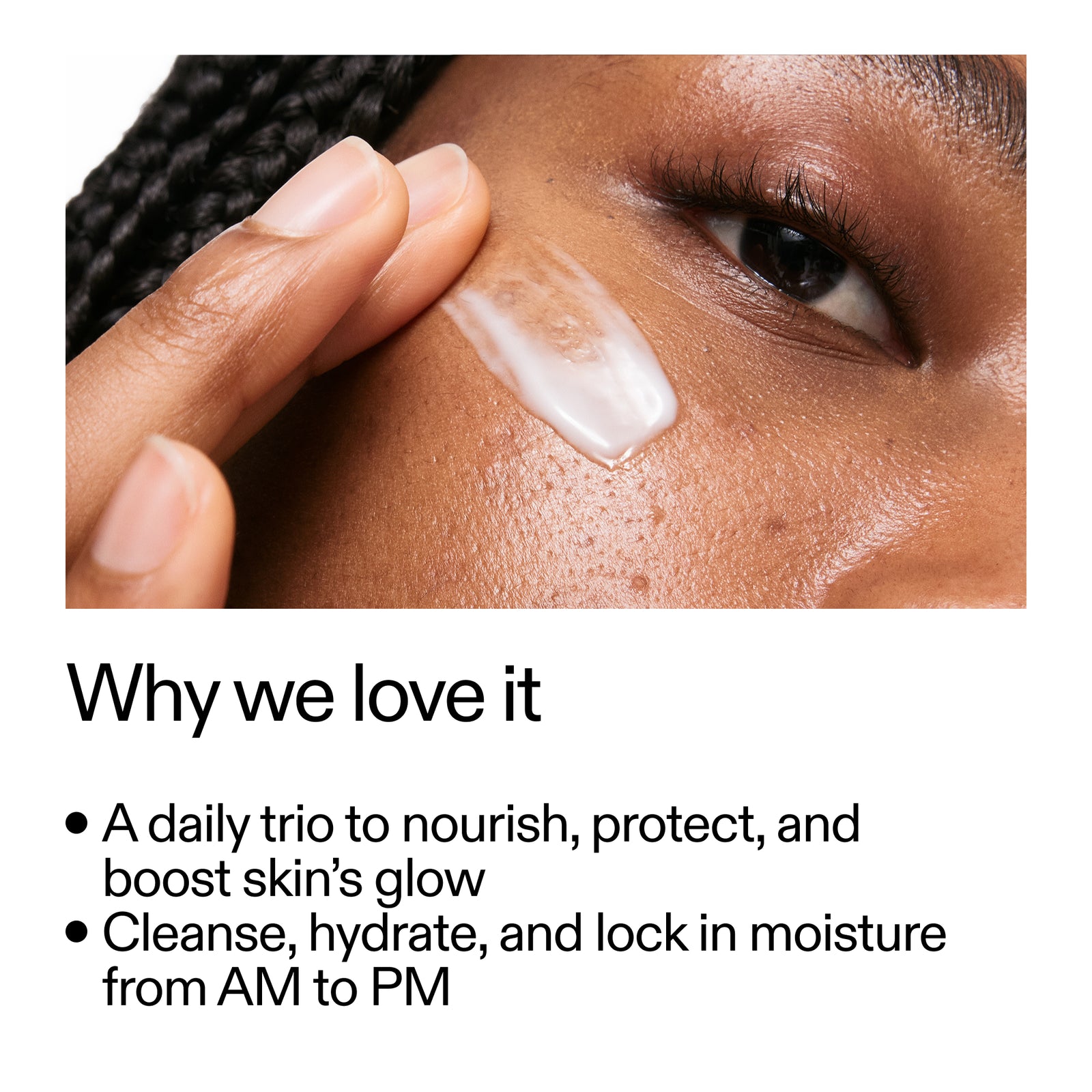 Close-up of a hand applying cream to a person's face with text about skincare benefits.