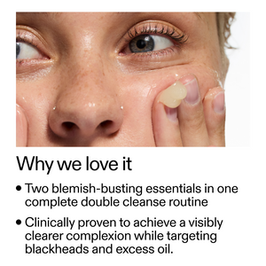 Close-up of a person applying skincare product to their face with text about skincare benefits.