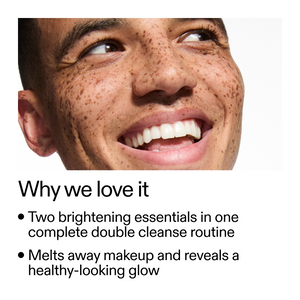 Close-up of a person's face with text about skincare products on a white background