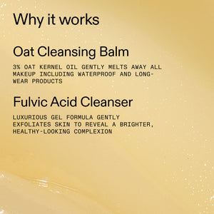 Text description of oat cleansing balm and fulvic acid cleanser on a beige background
