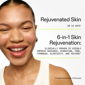 Advertisement for 6-in-1 skin rejuvenation with a smiling woman's face.