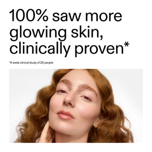 Advertisement for skincare product with text '100% saw more glowing skin, clinically proven' and a woman's face.
