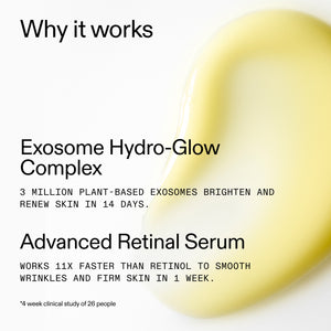 Advertisement for Exosome Hydro-Glow Complex and Advanced Retinal Serum with text on a white background.