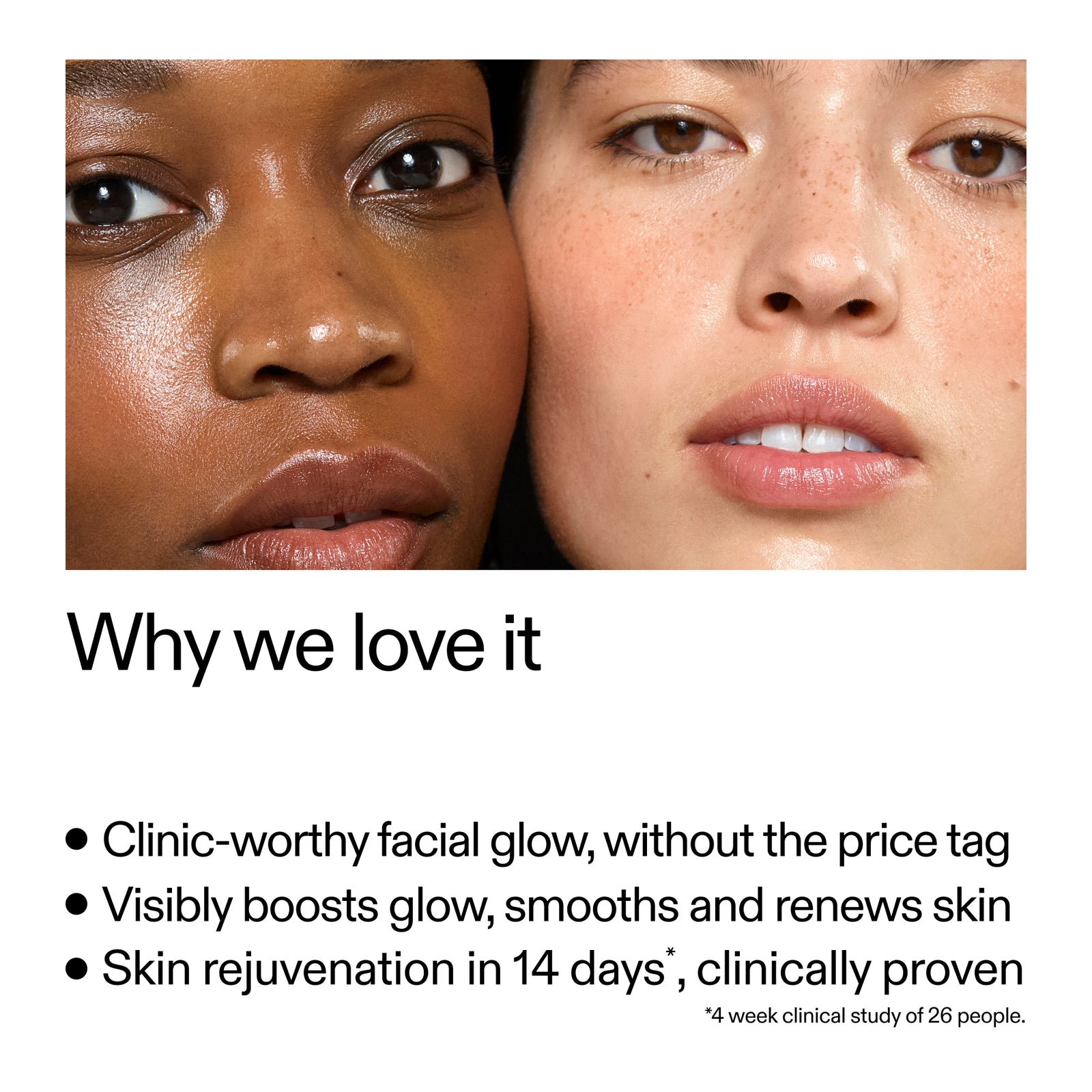 Two faces side by side with text about Exosome product benefits.