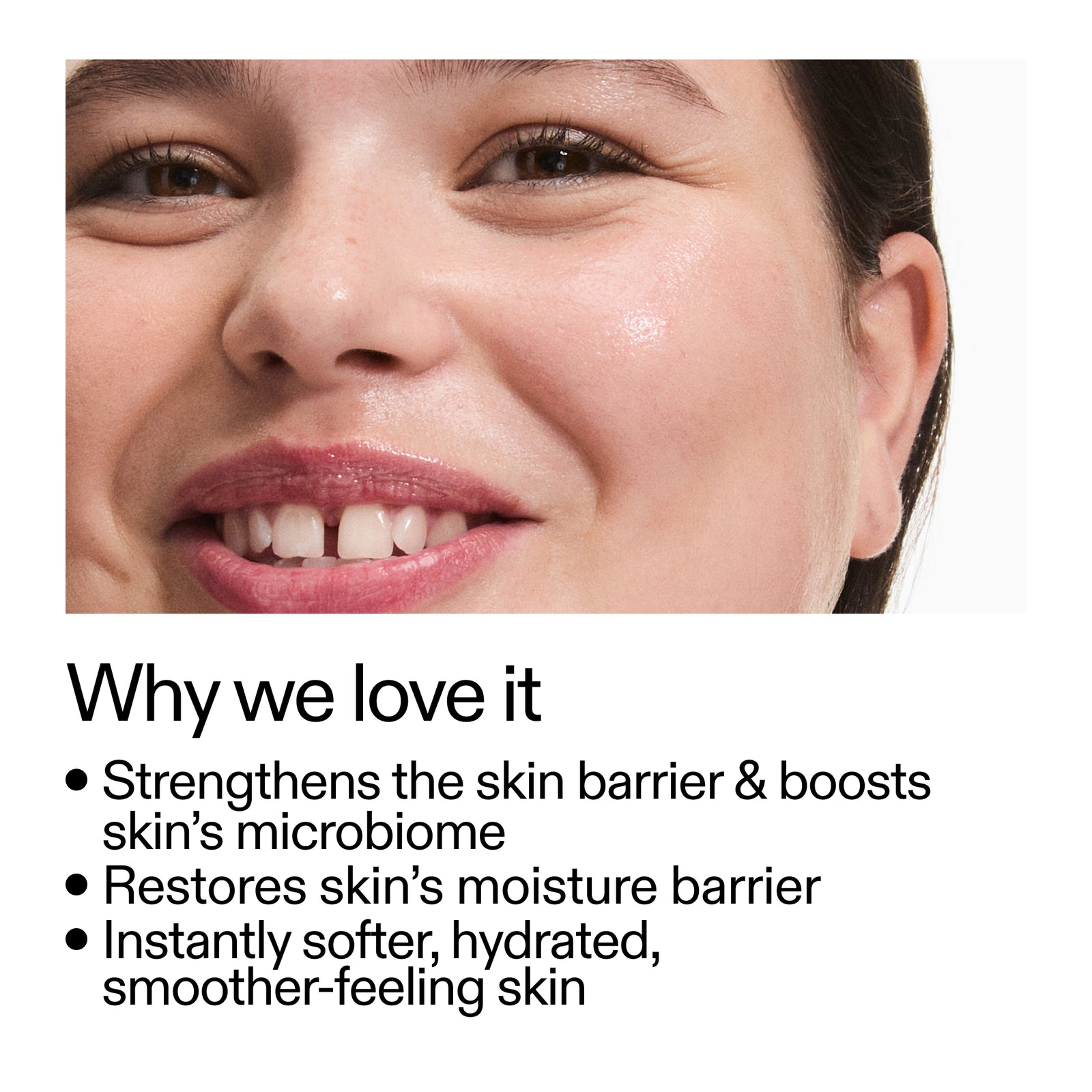 Close-up of a woman's face with text highlighting skincare benefits after using Ectoin Hydro-Barrier Serum