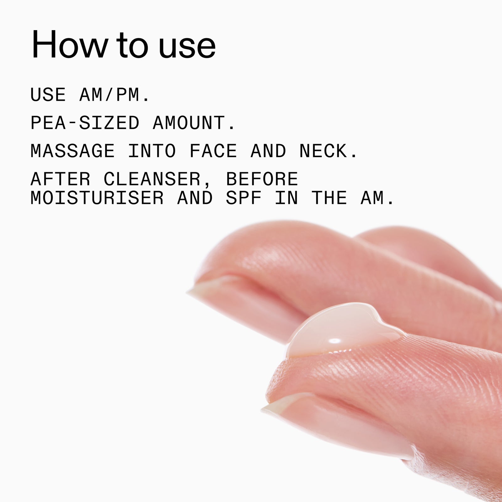 Instructions on how to use a s20% Niacinamide Serum with text and close-up of hand.