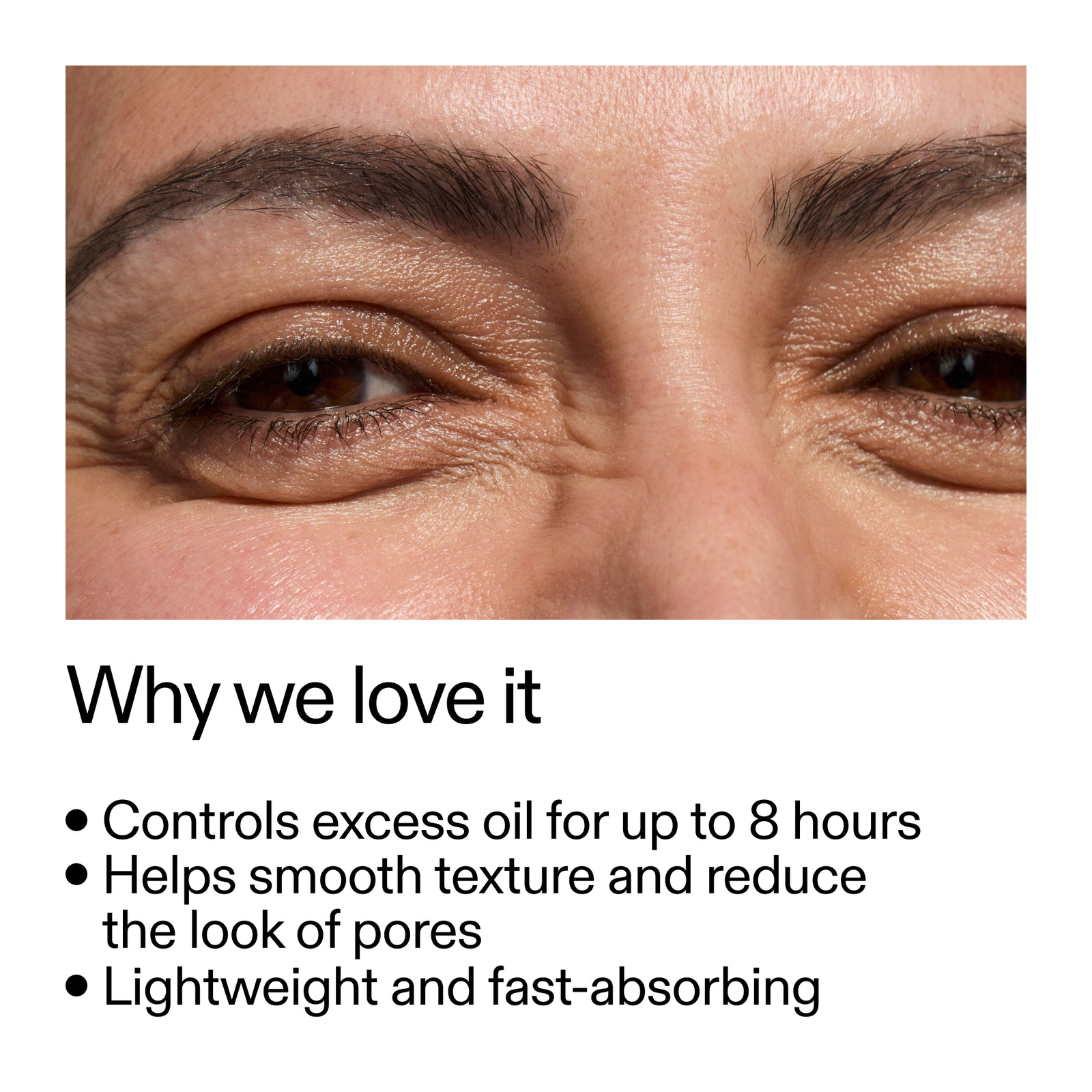 Close-up of a person's eye with text highlighting product benefits on a white background