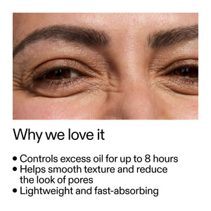 Close-up of a person's eye with text highlighting product benefits on a white background