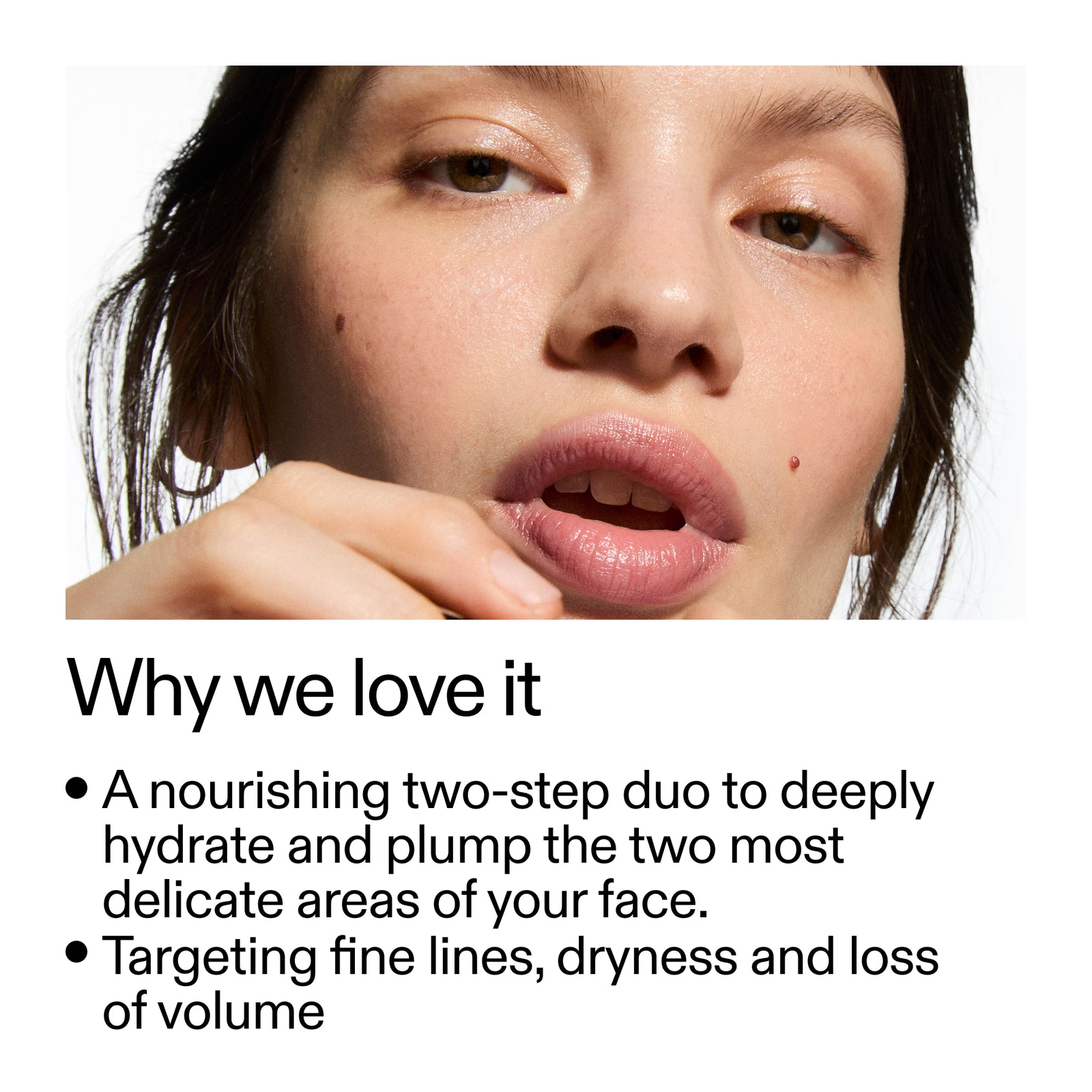 Close-up of a person's face with text about a skincare product.