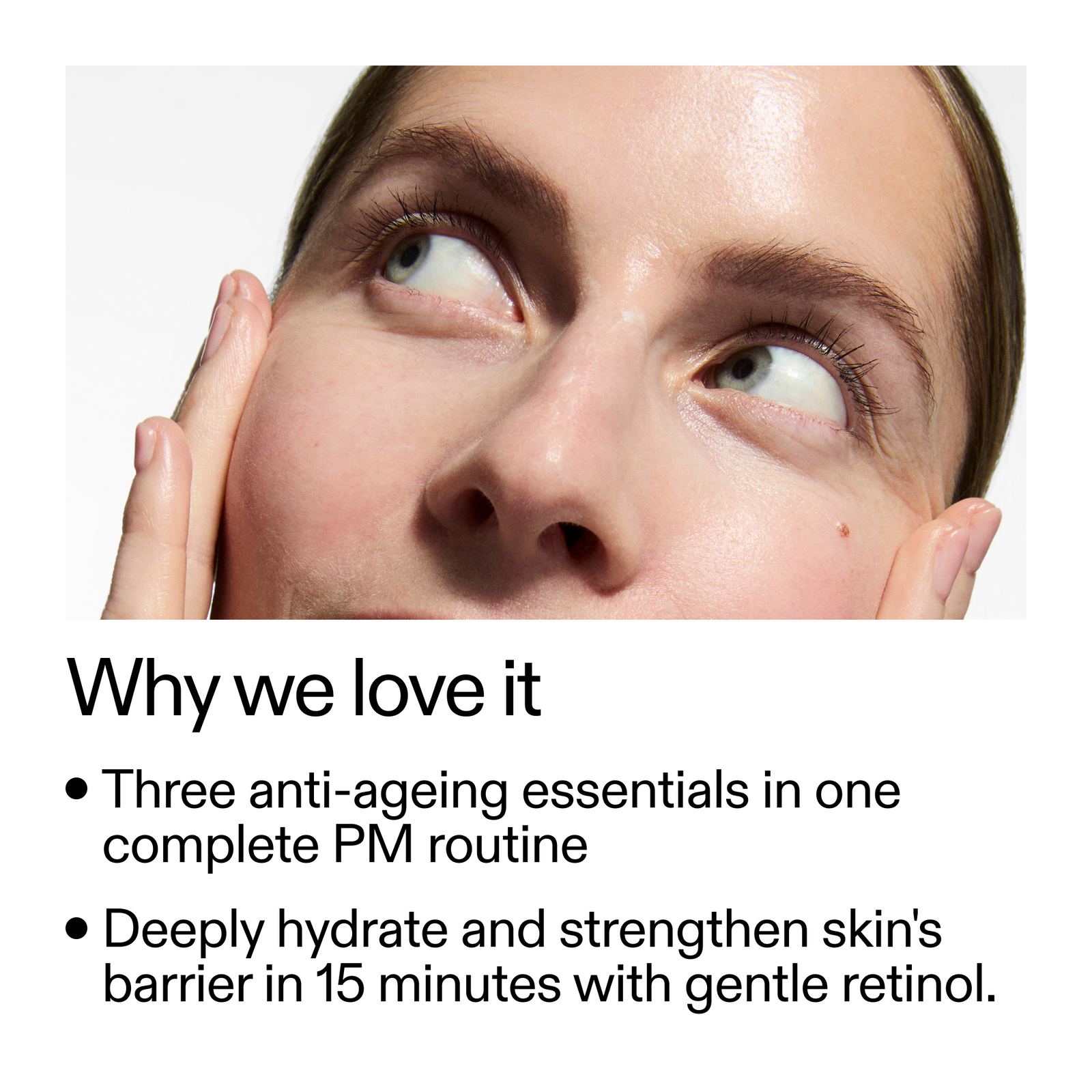 Close-up of a person's face with text about anti-aging skincare routine.