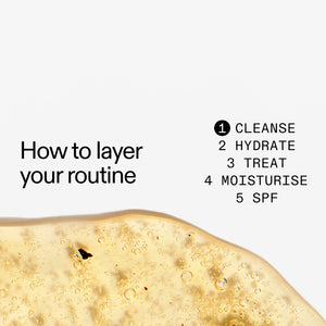 Skincare product with text on how to layer Fulvic Acid Cleanser  in a routine